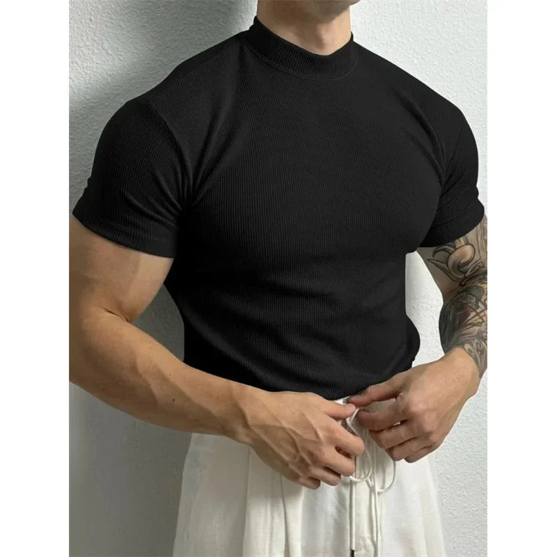 spring summer Elastic Comfortable Men's T-shirt Small high collar stripe shirt short sleeve fitness tops sports casual T-shirt