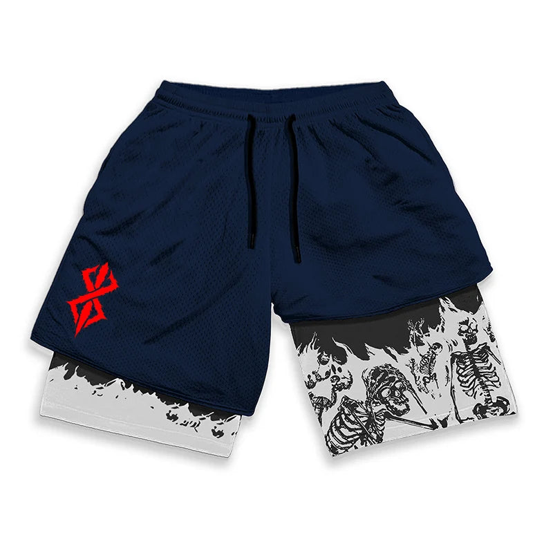 Berserk Skull Print 2 in 1 Running Workout Shorts for Men Gym Athletic Quick Dry Stretch Shorts with Pockets Summer Activewear