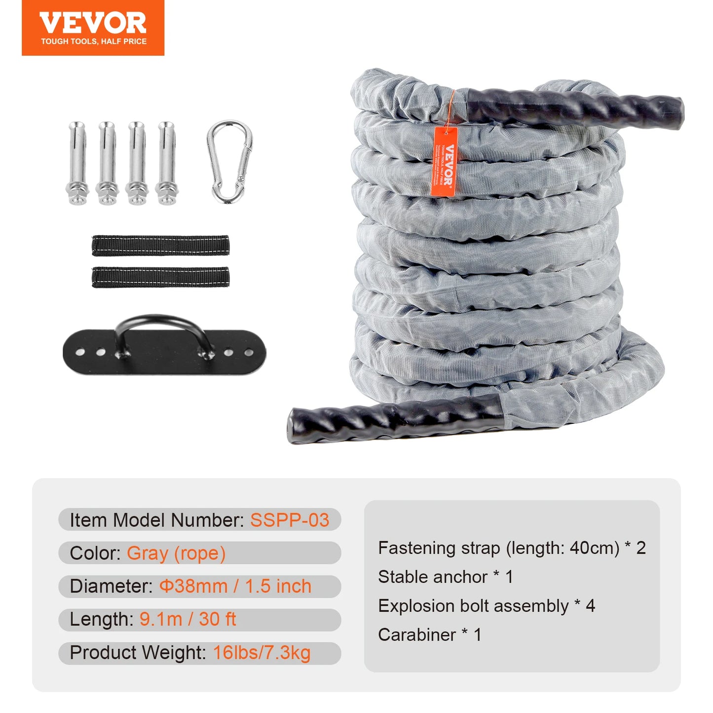 Battle Rope Polyester Exercise Rope Battle Exercise Equipment with Protective Sleeve and Anchor Heavy Weight Pull Rope