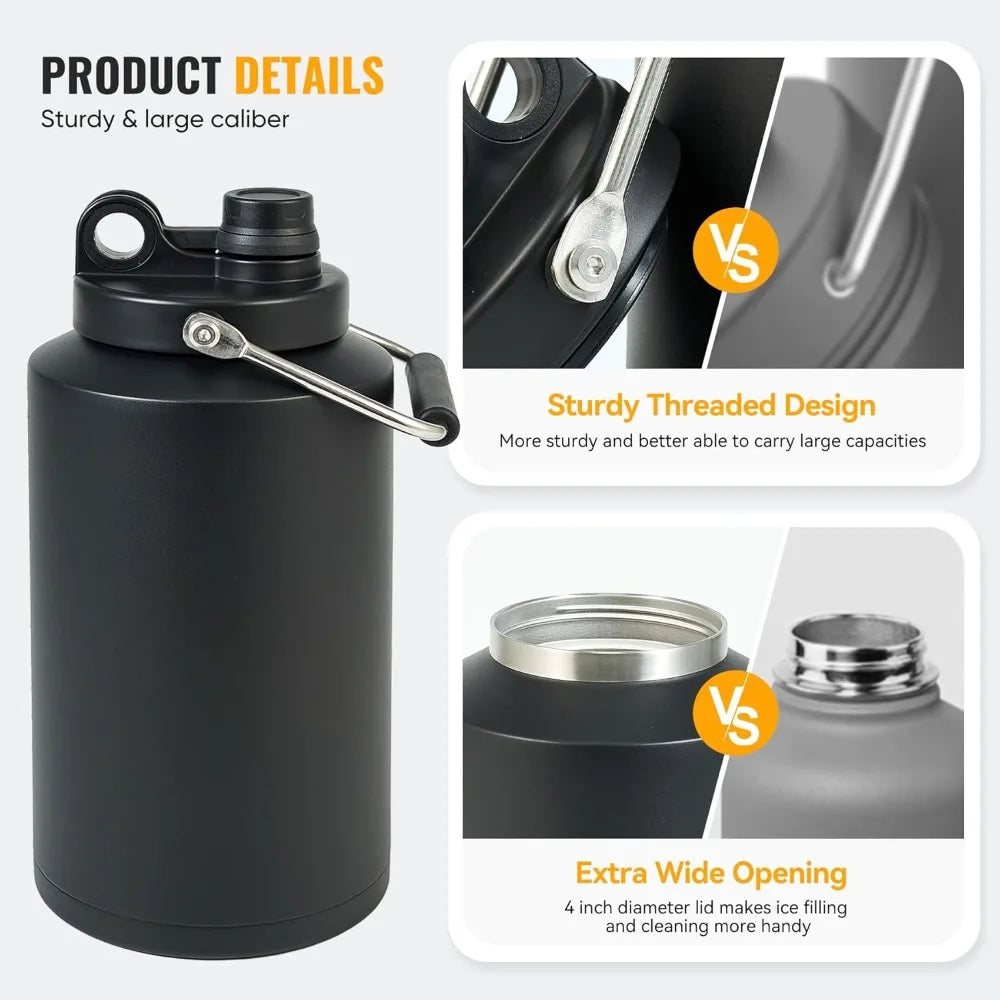 Insulated Jug with Handle, One Gallon, 128oz Stainless Steel, Large Double Vacuum Water Bottle for Hot & Cold Drinks