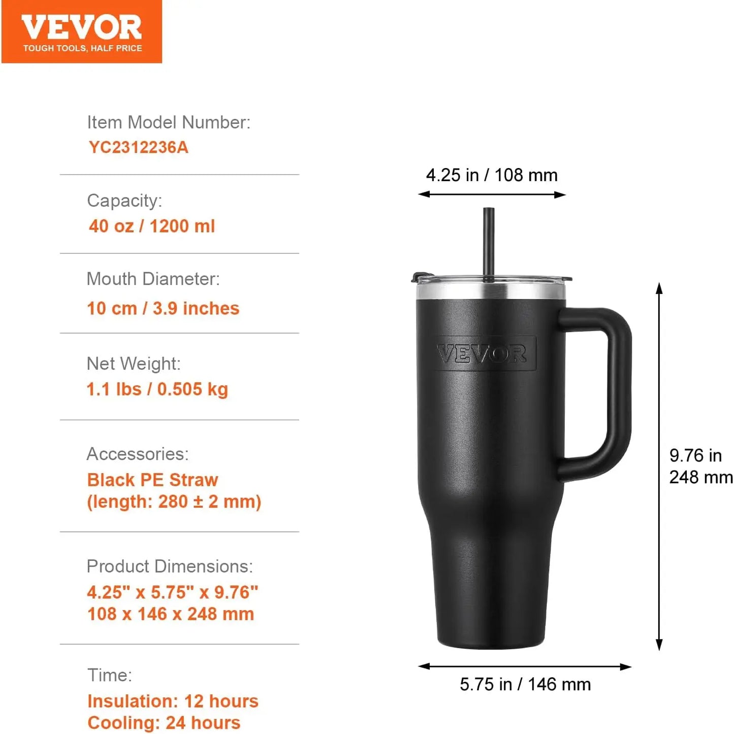 40 oz Insulated Water Bottle,Stainless Steel Sports Coffee Cup with Lid,Handheld Travel Coffee Mug Double Walled,Flask Leakproof