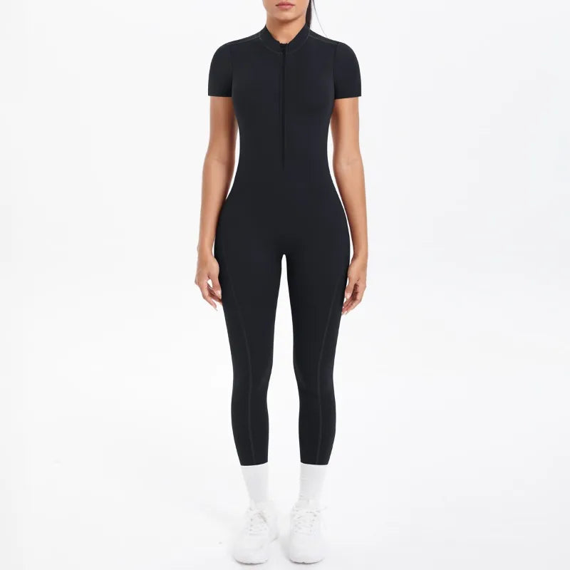 New Women's Yoga Jumpsuit Front Zipper Tight Back Hollow Out Short Sleeve-pants Fitness Running Gym Workout Suit