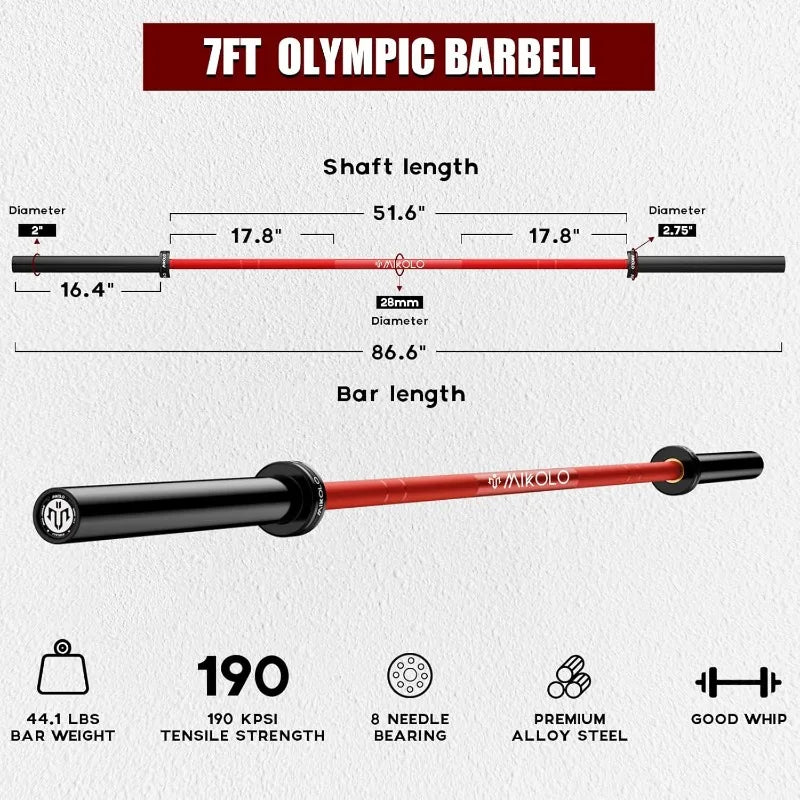 Mikolo 7ft Barbell, Barbell for Weightlifting and Powerlifting 45lb, Bar for 1500lbs Capacity,Weight Bar Fit 2” Standard Weights