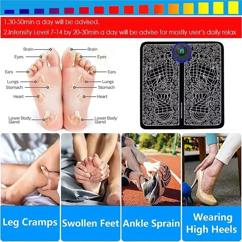 Pulse Foot Massger Sole Massage Pad Current Stimulation 8 Modes 19 Level Relaxation USB Charging Therapy Instrument Foot Spa
