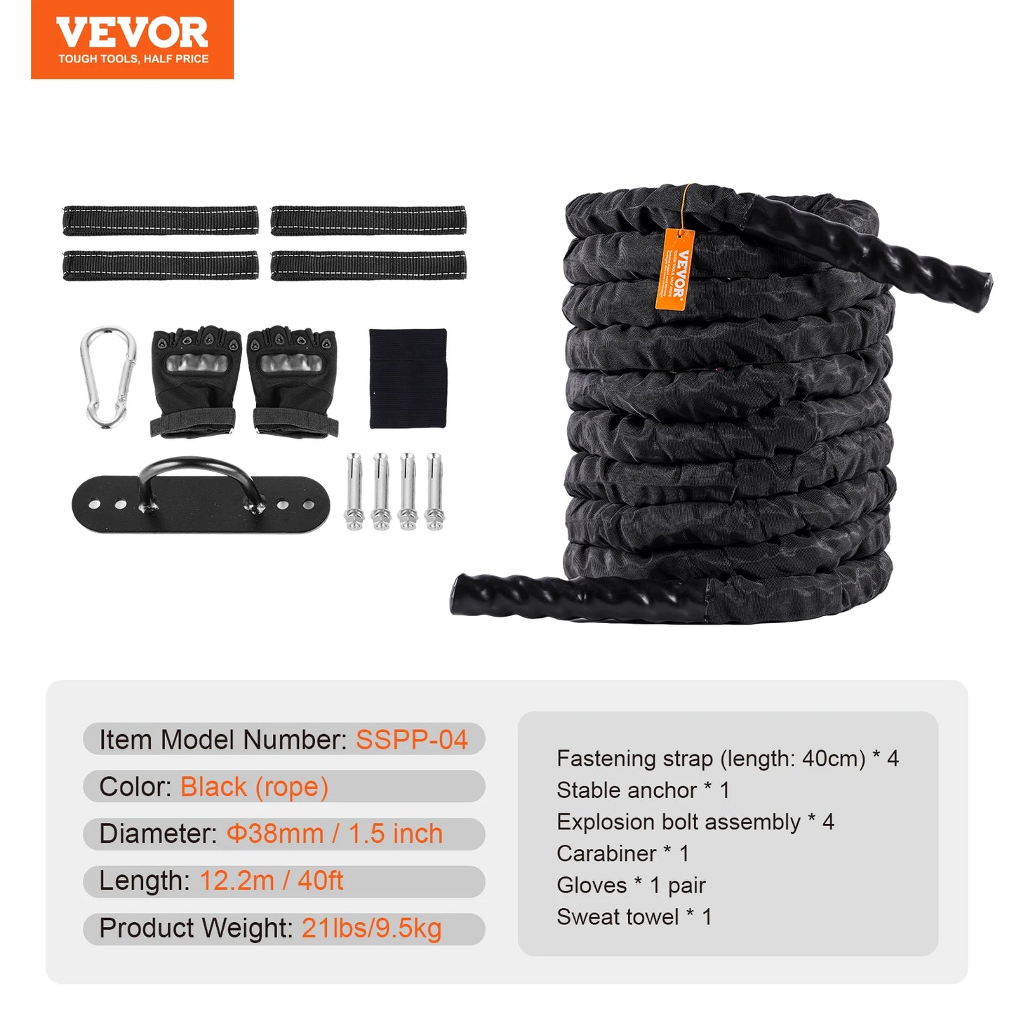 Battle Rope Polyester Exercise Rope Battle Exercise Equipment with Protective Sleeve and Anchor Heavy Weight Pull Rope