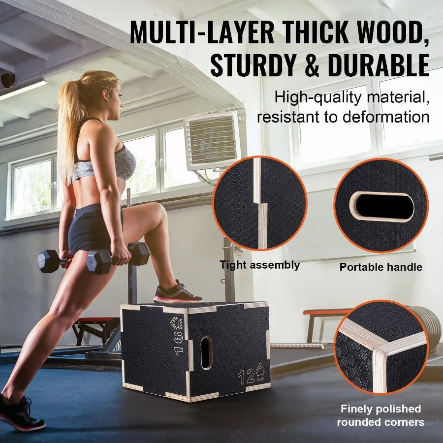 3 in 1 Plyometric Jump Box 16 14 12 Inch Wooden Plyo Box Platform Jumping Agility Box AntiSlip Fitness Exercise Step Up Box fo