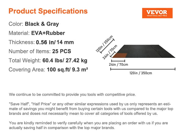 SucceBuy 25/12/6 PCS 1/2 inch Thick Gym Floor Mats EVA Foam Rubber Top Interlocking Workout Floor Mats Waterproof Exercise Mats