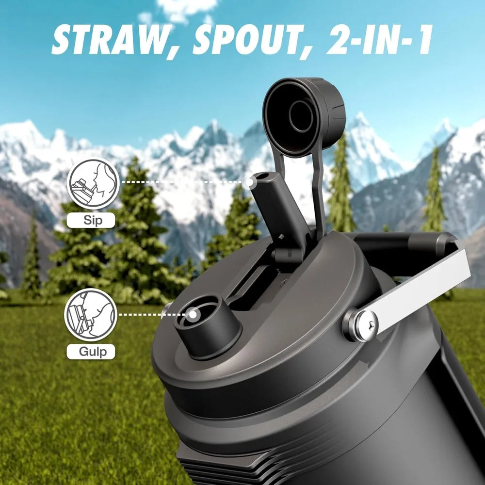 64 oz Insulated Water Bottle for Gym: 2-in-1 Straw Spout Lid, Dual Handle, Leakproof, Keep Cold 36H