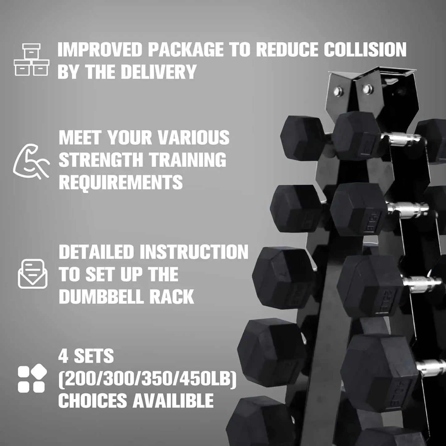 300 350 450 200 210 LB RubberDumbbells Set with Optional Dumbbell Rack Multi Weight Set to Choose Ideal for Home Gym and Fitness