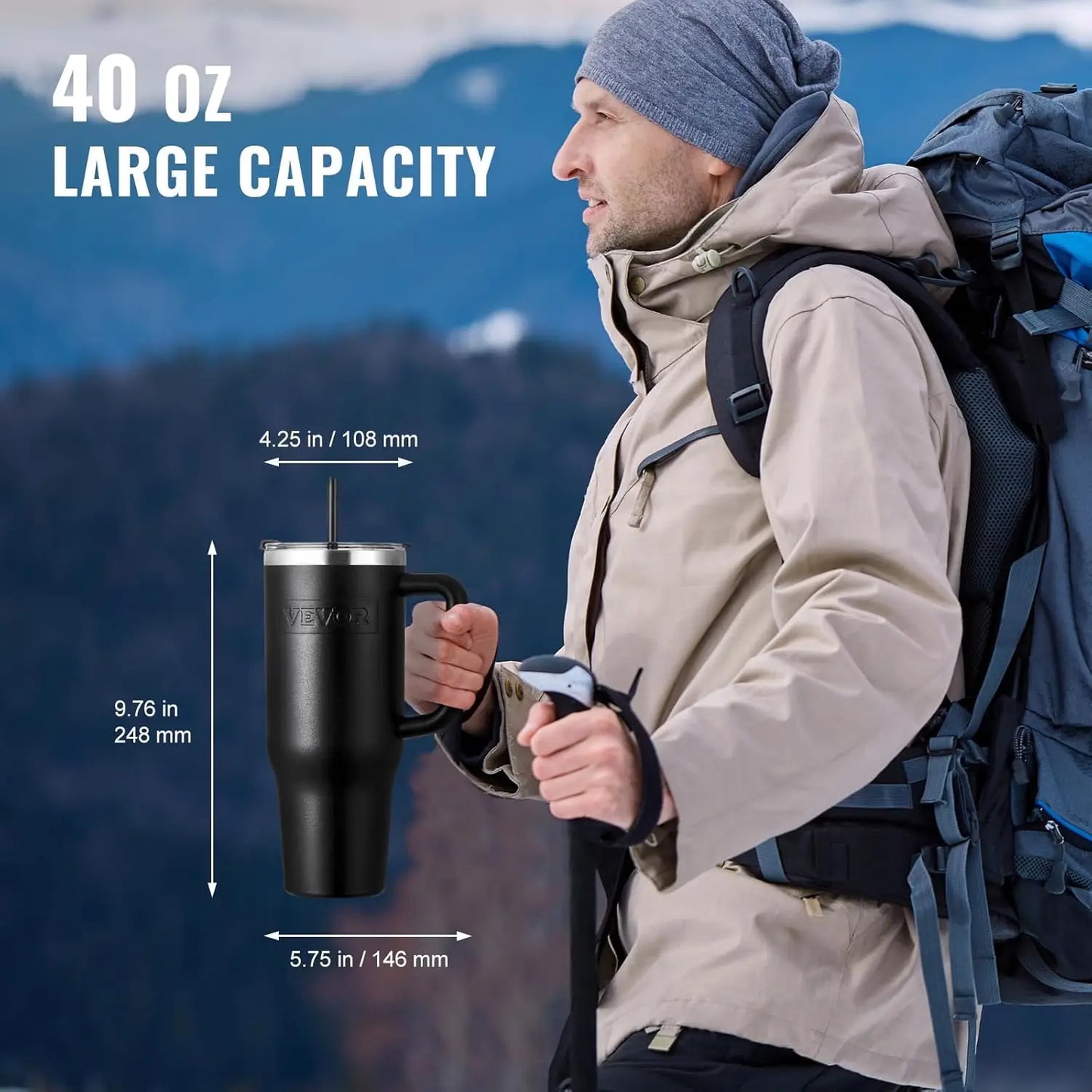 40 oz Insulated Water Bottle,Stainless Steel Sports Coffee Cup with Lid,Handheld Travel Coffee Mug Double Walled,Flask Leakproof