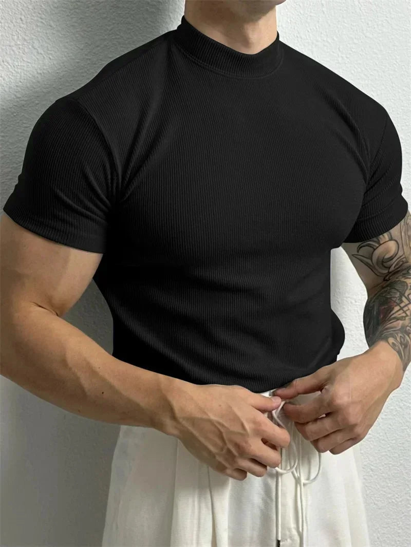 spring summer Elastic Comfortable Men's T-shirt Small high collar stripe shirt short sleeve fitness tops sports casual T-shirt