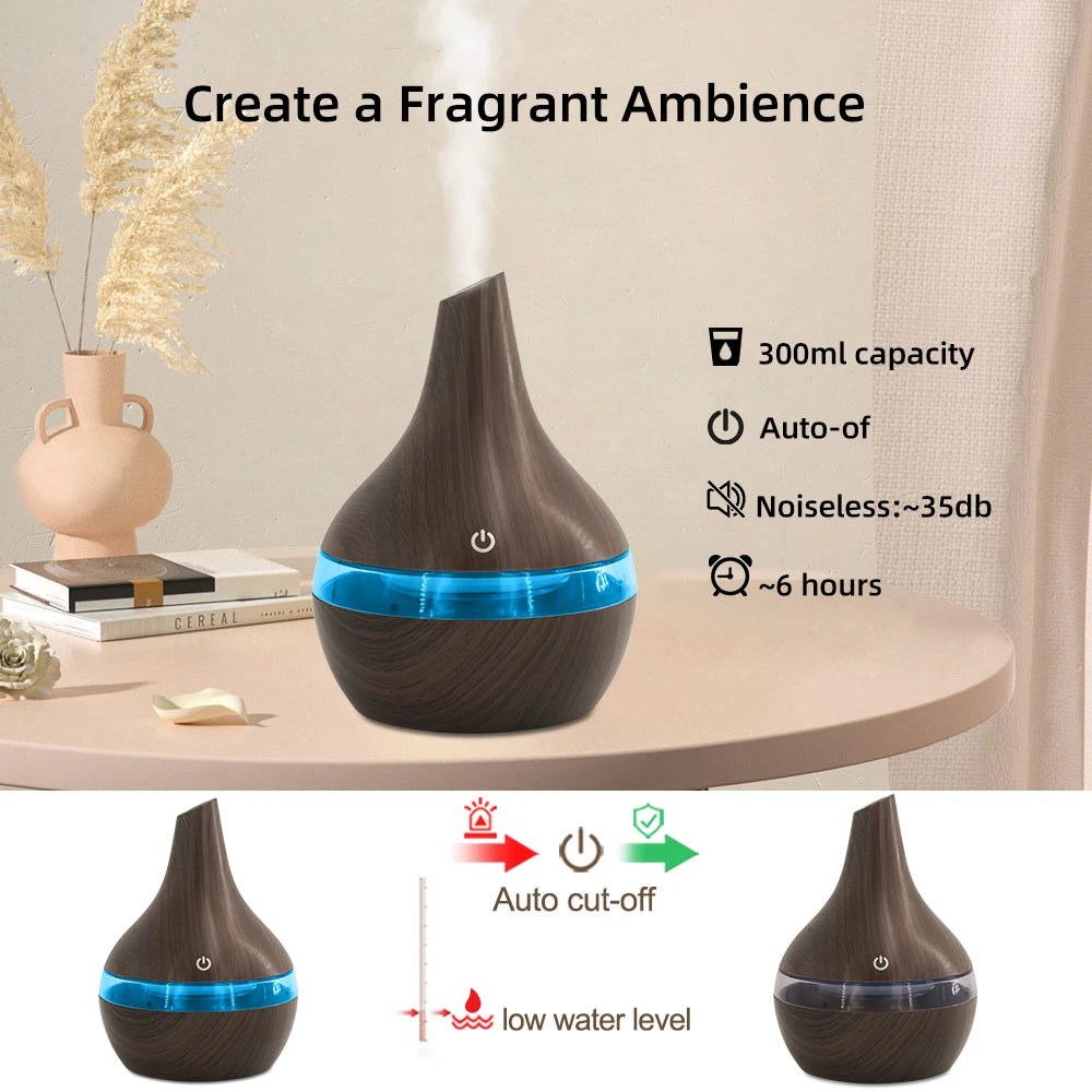 300ml Wood Grain Humidifier & Essential Oil Diffuser USB Powered Desktop Hydration, Ultra Quiet Operation, Includes 2 Aroma Oils