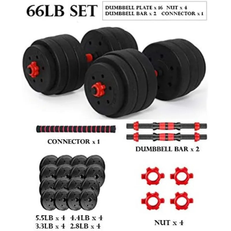 Adjustable Dumbbell Barbell Set (66LB) Weight with Connecting Rod 2 in 1 Home Body Workout Exercise Equipment for Men and Woman