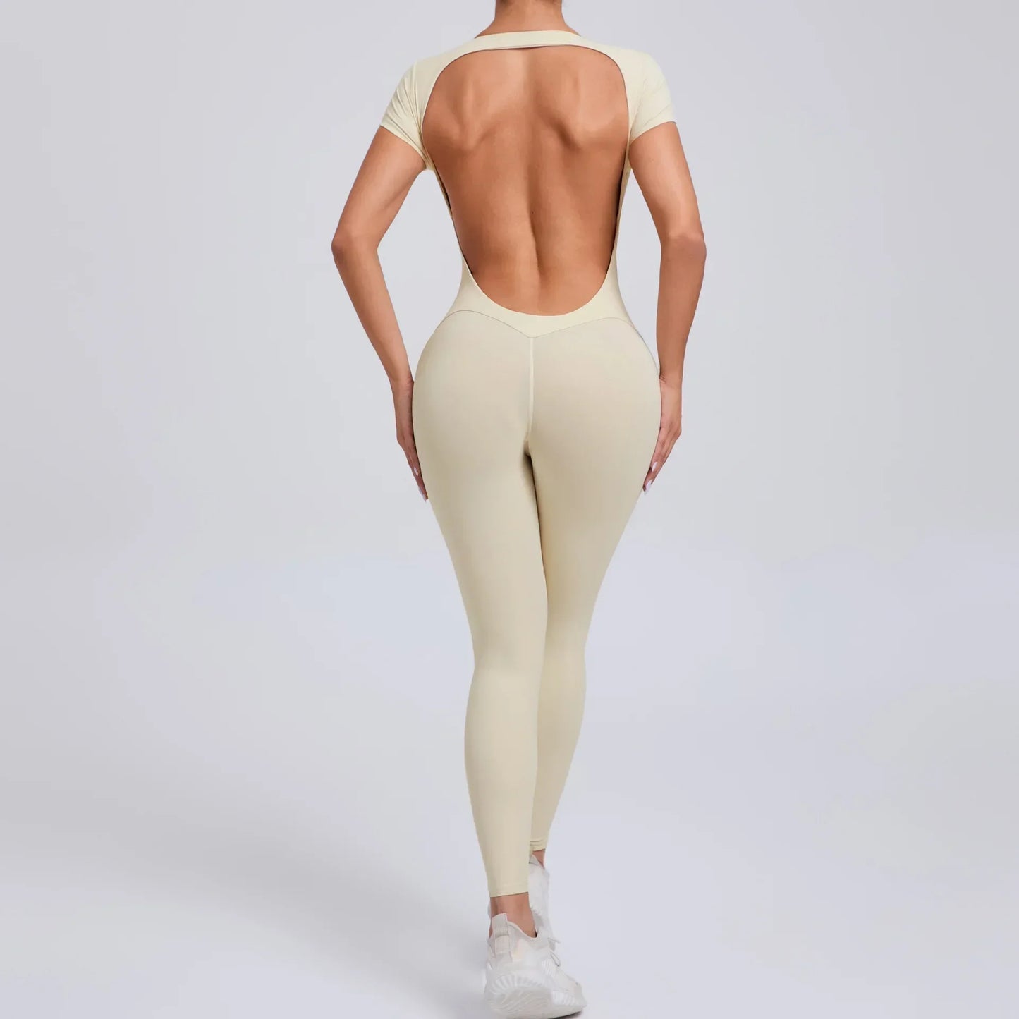Sexy Hollow Backless Sport Jumpsuit Women Sportswear One Piece Yoga Set Gym Outfit Short Sleeve Fitness Overalls Workout Clothes