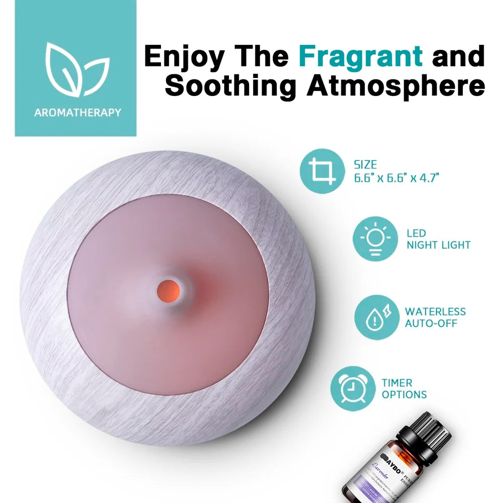 New Multi Function Aromatherapy Diffuser & Humidifier Wood Grain Design 550ml Tank 7 LED Colors Remote Control + 6 Essenti