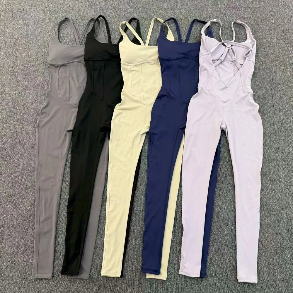 Sexy Cross Hollow Backless Gym Tight Jumpsuit Women Sport Outfit One Pieces Workout Clothes Sleeveless Yoga Fitness Overalls New