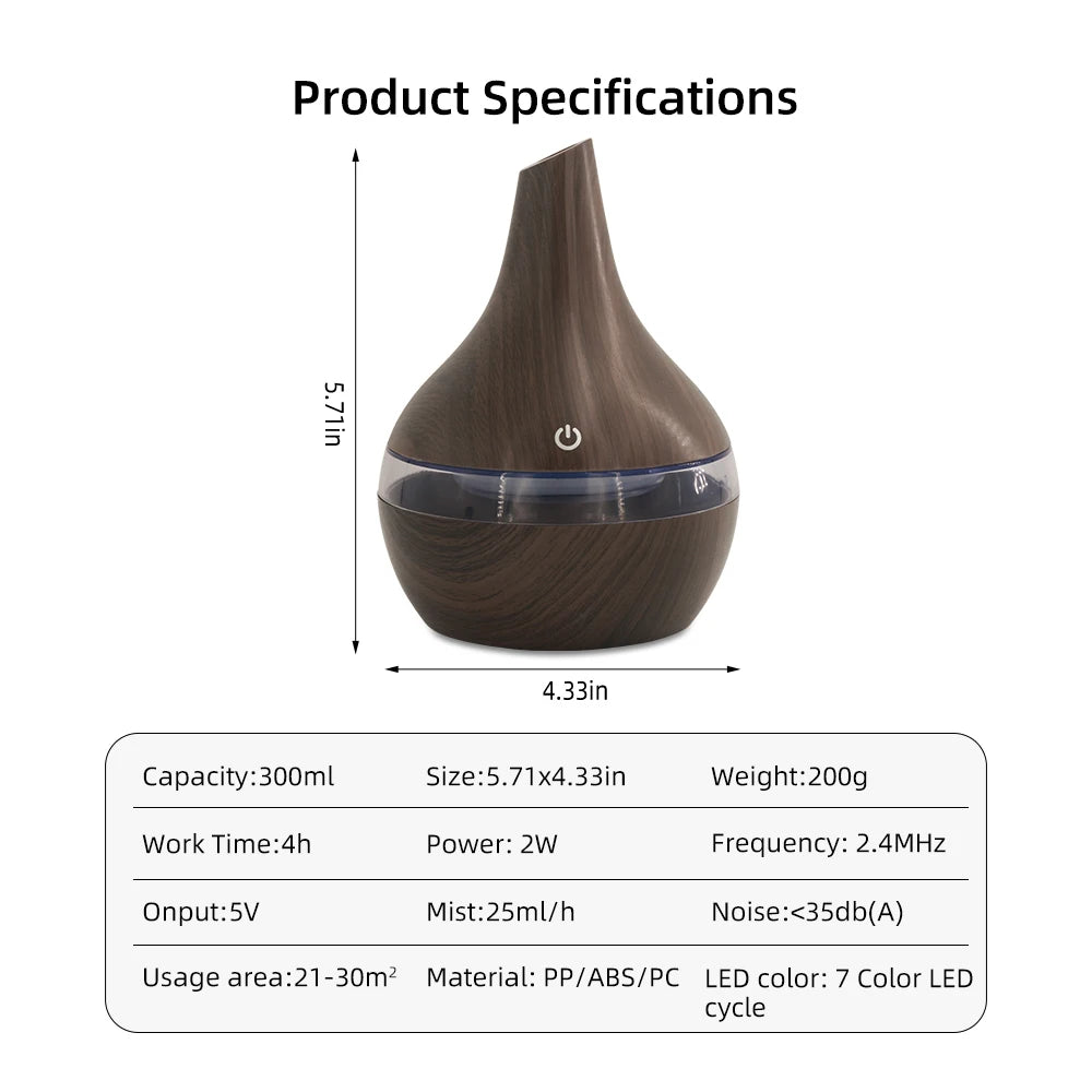 300ml Wood Grain Humidifier & Essential Oil Diffuser USB Powered Desktop Hydration, Ultra Quiet Operation, Includes 2 Aroma Oils