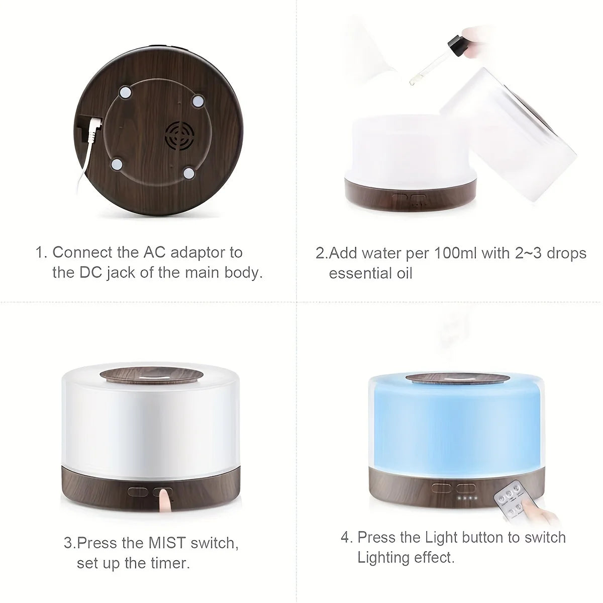 Diffuser Essential Oil Diffuser Cool Mist Air Diffuser With Remote Control With USB C Power Cord 4 Timers 7 LED Color Changi