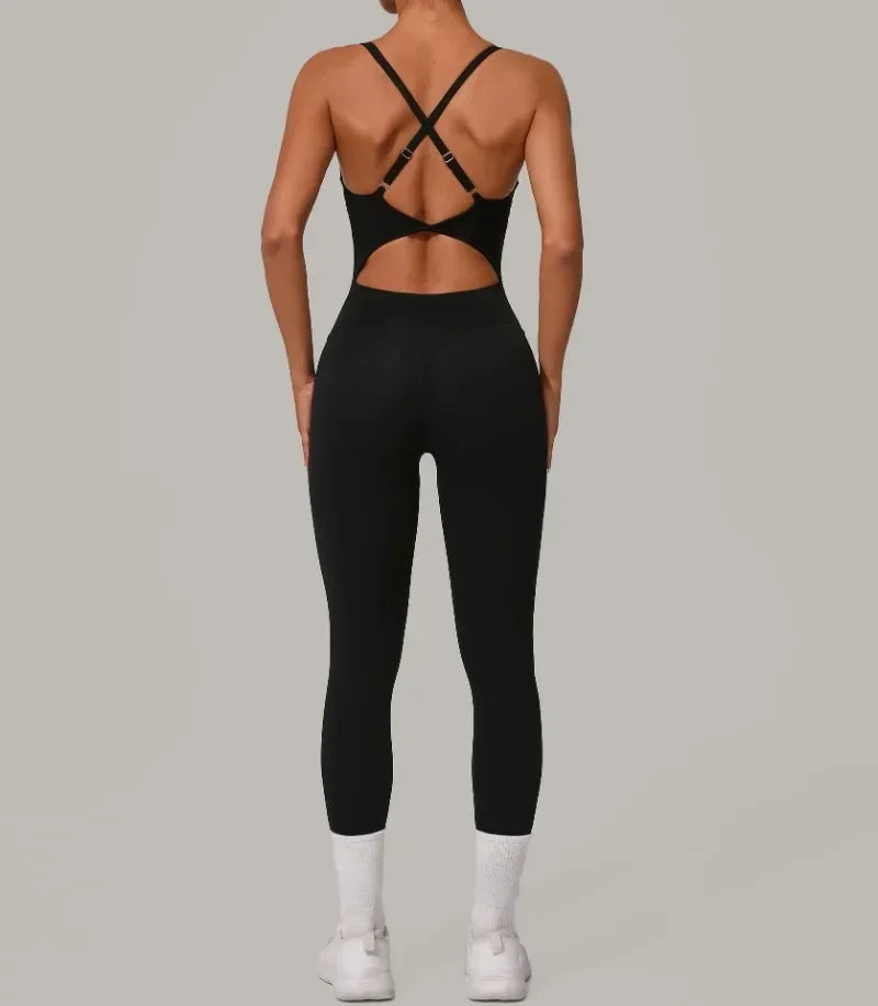 Women's Seamless Yoga Jumpsuit Heart-Shape Collar Adjustable Buckle Cross Waist High Waisted Butt Lifting Tight Workout Bodysuit