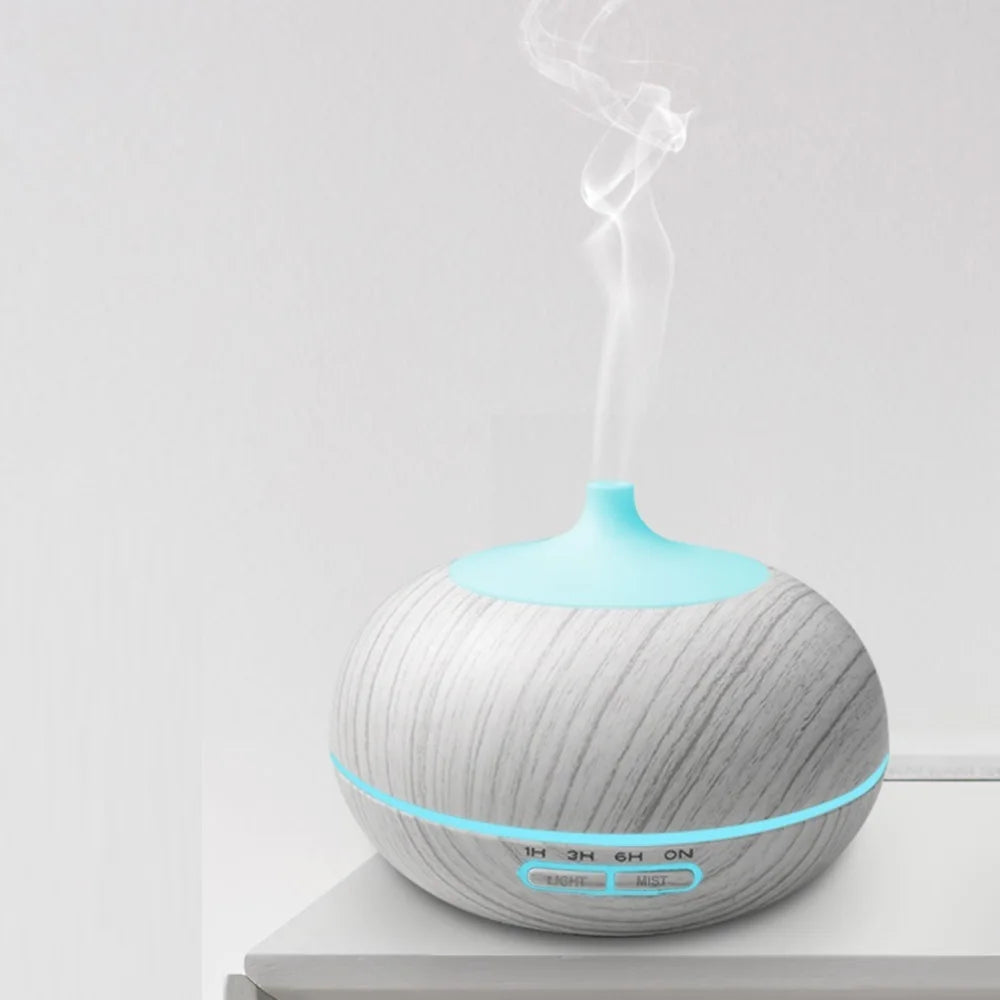 New Multi Function Aromatherapy Diffuser & Humidifier Wood Grain Design 550ml Tank 7 LED Colors Remote Control + 6 Essenti