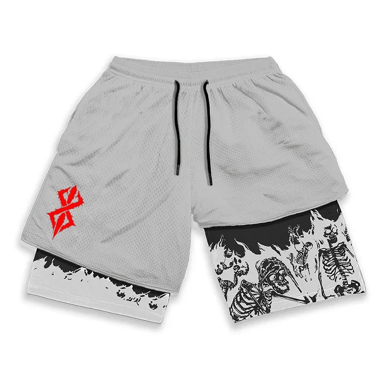 Berserk Skull Print 2 in 1 Running Workout Shorts for Men Gym Athletic Quick Dry Stretch Shorts with Pockets Summer Activewear