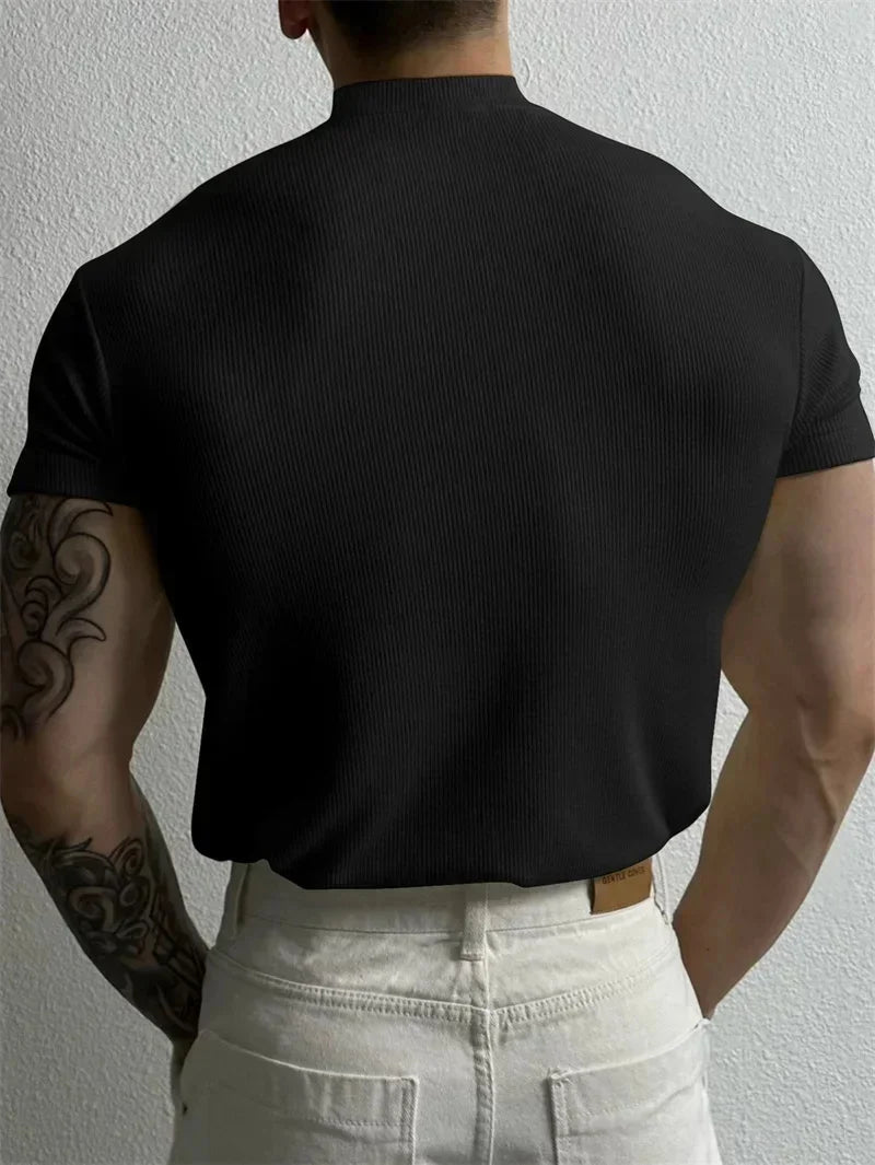 spring summer Elastic Comfortable Men's T-shirt Small high collar stripe shirt short sleeve fitness tops sports casual T-shirt
