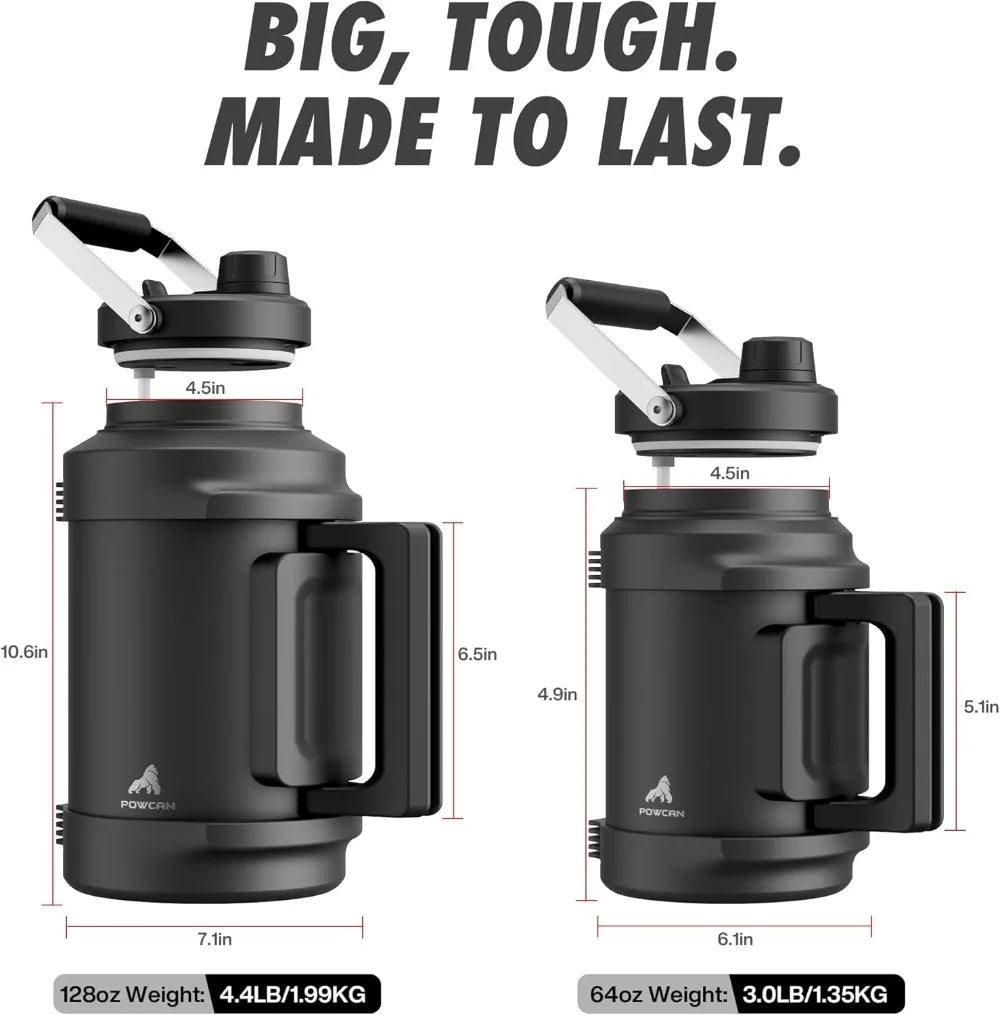 64 oz Insulated Water Bottle for Gym: 2-in-1 Straw Spout Lid, Dual Handle, Leakproof, Keep Cold 36H