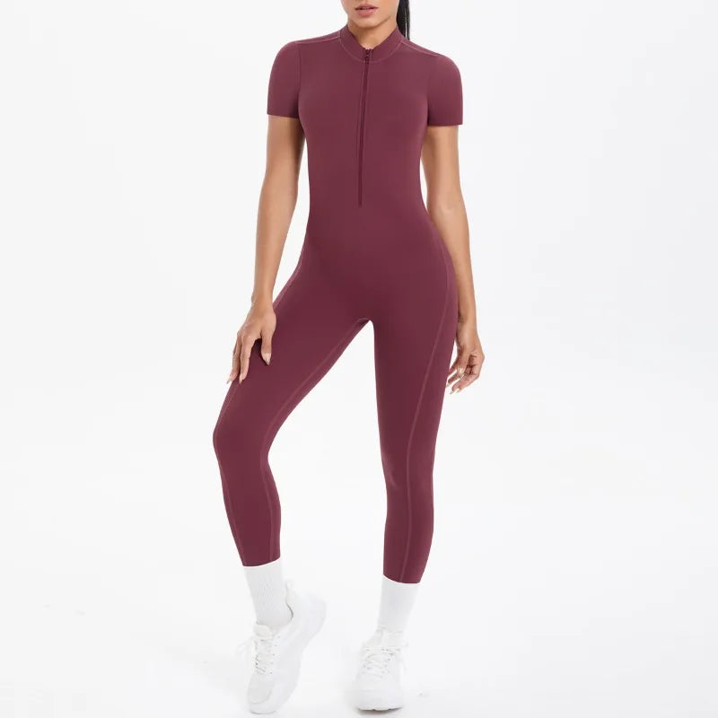 New Women's Yoga Jumpsuit Front Zipper Tight Back Hollow Out Short Sleeve-pants Fitness Running Gym Workout Suit