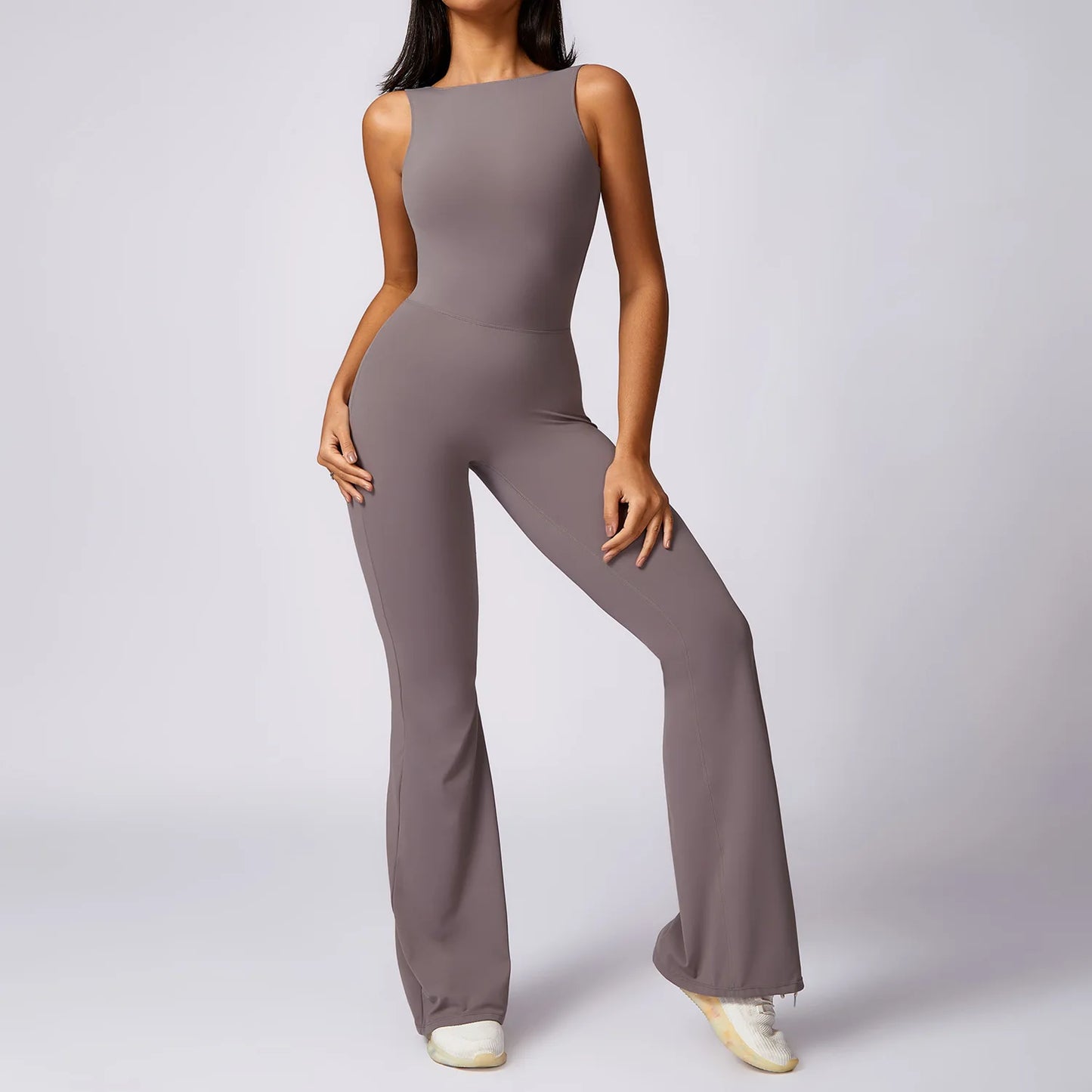 Sexy Backless Scrunch Bodycon Flared Jumpsuits Women Sportswear Gym Outfit One Piece Yoga Set Sleeveless Fitness Sport Overalls