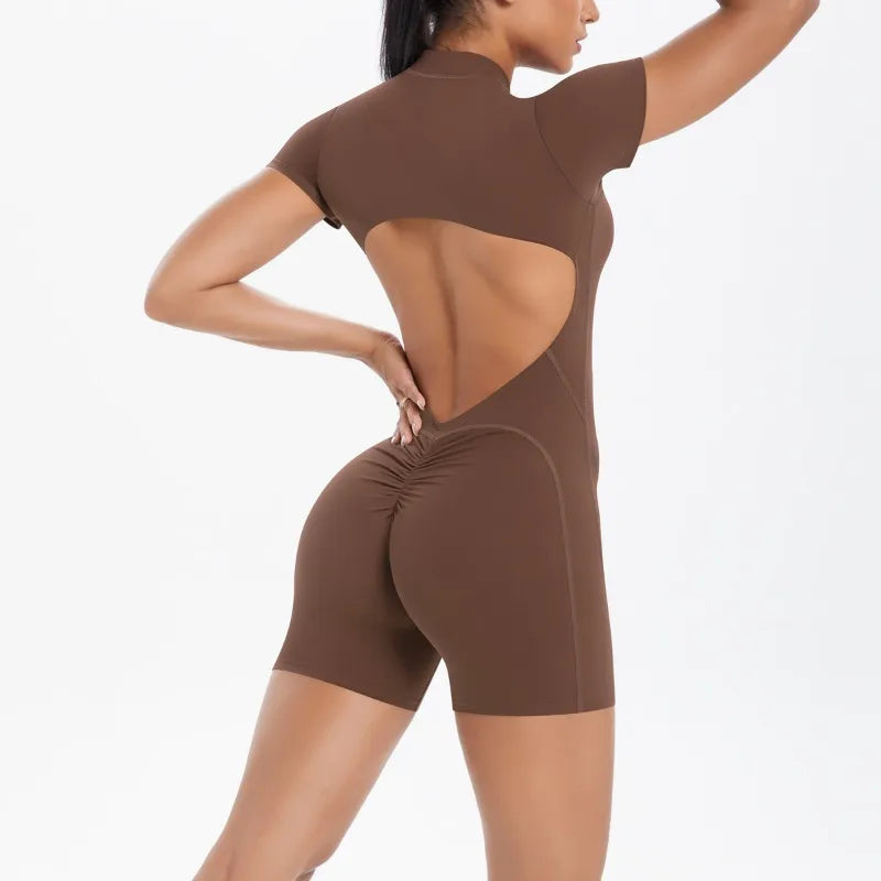Women's Seamless Yoga Jumpsuit - Front Zip Open Back Breathable One-Piece Bodysuit for Gym Running Fitness Workout