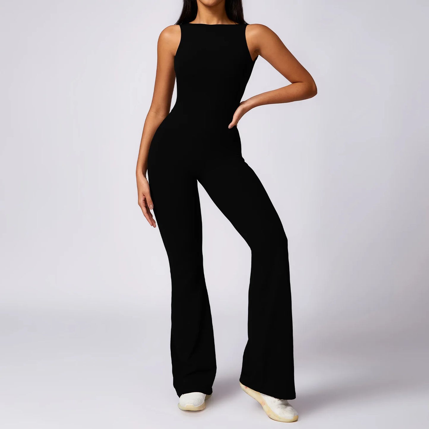 Sexy Backless Scrunch Bodycon Flared Jumpsuits Women Sportswear Gym Outfit One Piece Yoga Set Sleeveless Fitness Sport Overalls