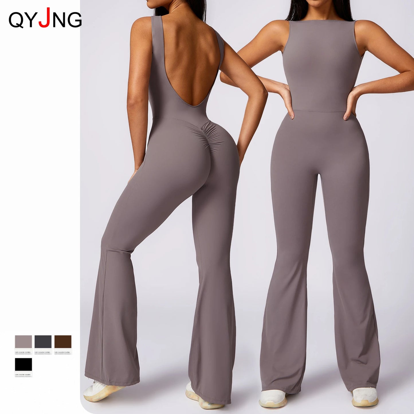 Sexy Backless Scrunch Bodycon Flared Jumpsuits Women Sportswear Gym Outfit One Piece Yoga Set Sleeveless Fitness Sport Overalls
