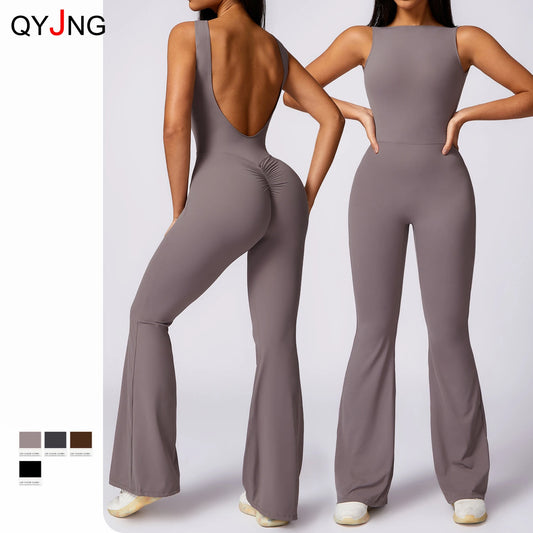 Sexy Backless Scrunch Bodycon Flared Jumpsuits Women Sportswear Gym Outfit One Piece Yoga Set Sleeveless Fitness Sport Overalls