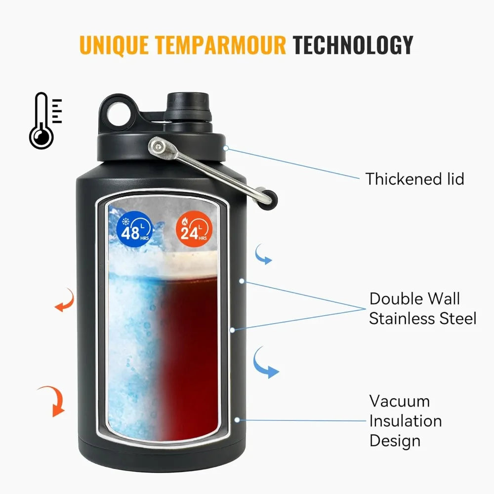 Insulated Jug with Handle, One Gallon, 128oz Stainless Steel, Large Double Vacuum Water Bottle for Hot & Cold Drinks