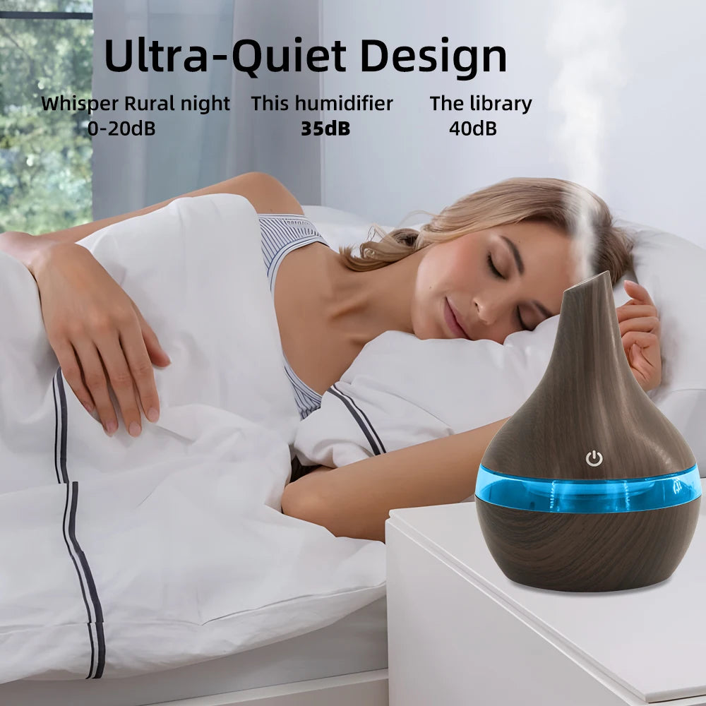 300ml Wood Grain Humidifier & Essential Oil Diffuser USB Powered Desktop Hydration, Ultra Quiet Operation, Includes 2 Aroma Oils