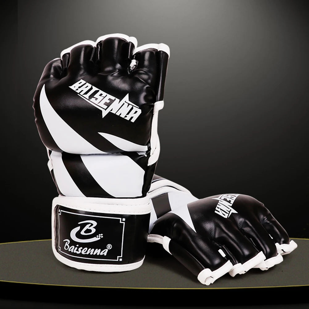 Unisex Boxing Gloves PU Leather 3cm Thickened Sparring Punching Gloves Adjustable Fingerless for Boxing Kickboxing Muay Thai MMA