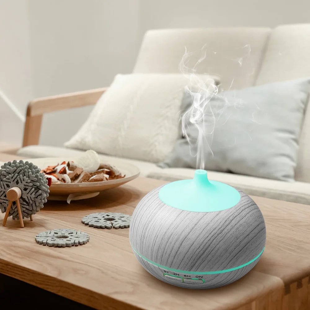 New Multi Function Aromatherapy Diffuser & Humidifier   Wood Grain Design  550ml Tank  7 LED Colors  Remote Control + 6  Essenti
