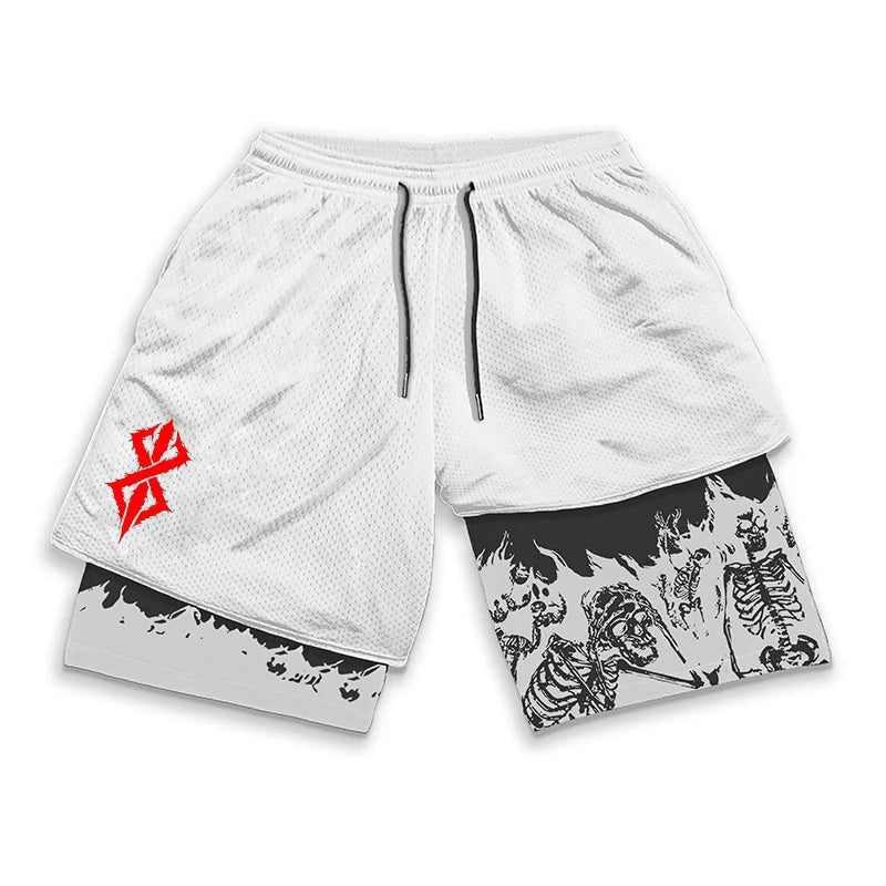 Berserk Skull Print 2 in 1 Running Workout Shorts for Men Gym Athletic Quick Dry Stretch Shorts with Pockets Summer Activewear