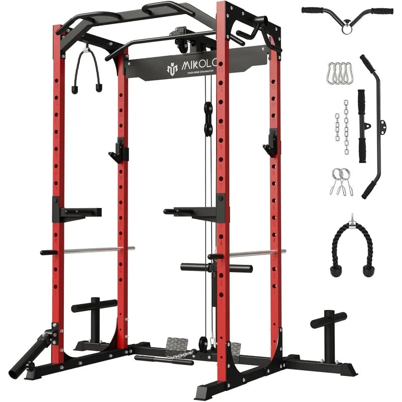Mikolo Power Cage, Power Rack with LAT Pulldown, 1200 Pounds Capacity Workout Cage with More Training Attachments
