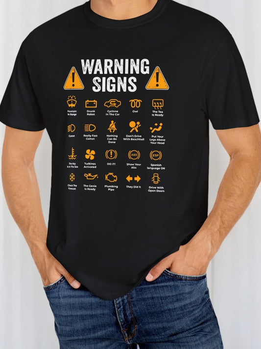 Men's Casual Cotton Crew Neck T-Shirt with Humorous Warning Signs Print Short Sleeve, Black, 100% Cotton