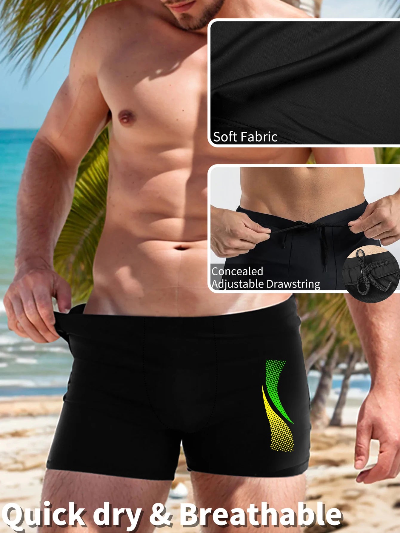 Swimming Trunks with Fashion Prints Men Quick Dry Beach Boxer Shorts with Drawstring Boy Swimwear Underpants