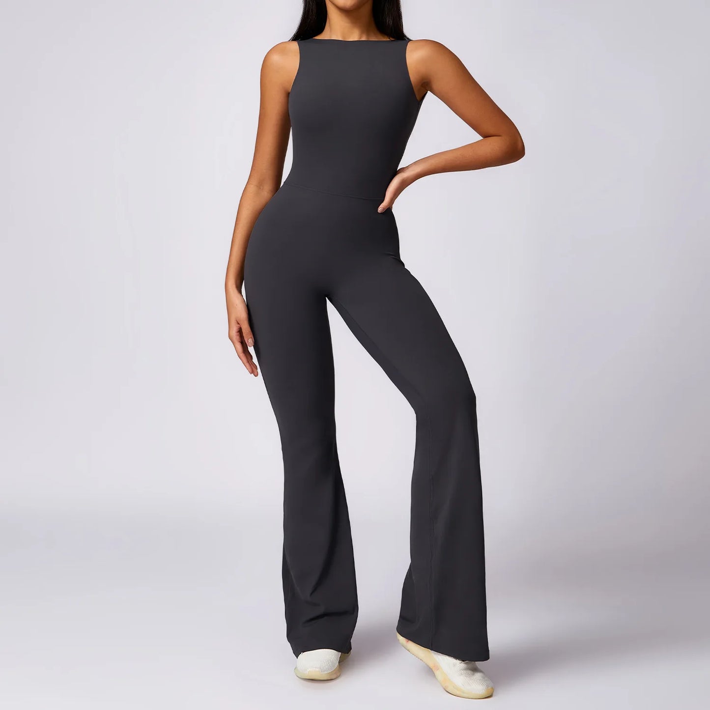 Sexy Backless Scrunch Bodycon Flared Jumpsuits Women Sportswear Gym Outfit One Piece Yoga Set Sleeveless Fitness Sport Overalls