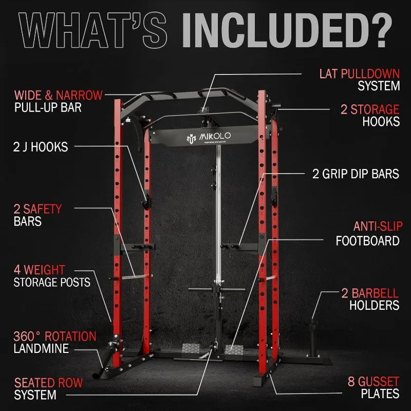 Mikolo Power Cage, Power Rack with LAT Pulldown, 1200 Pounds Capacity Workout Cage with More Training Attachments