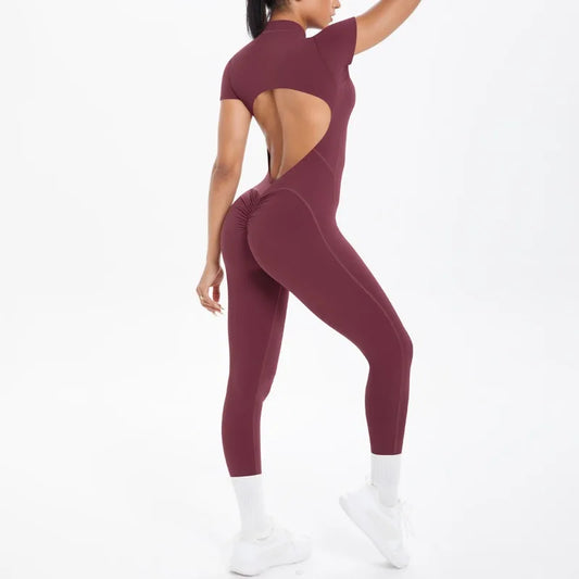 New Women's Yoga Jumpsuit Front Zipper Tight Back Hollow Out Short Sleeve-pants Fitness Running Gym Workout Suit
