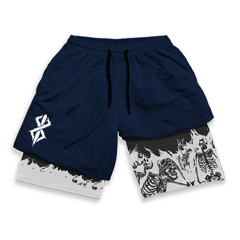 Berserk Skull Print 2 in 1 Running Workout Shorts for Men Gym Athletic Quick Dry Stretch Shorts with Pockets Summer Activewear