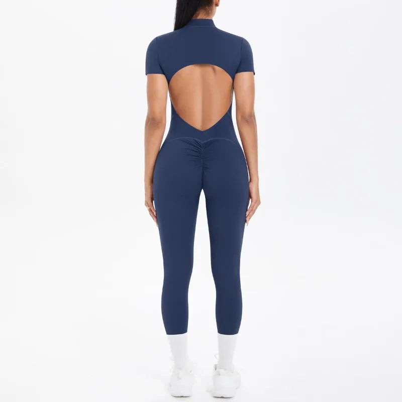 New Women's Yoga Jumpsuit Front Zipper Tight Back Hollow Out Short Sleeve-pants Fitness Running Gym Workout Suit