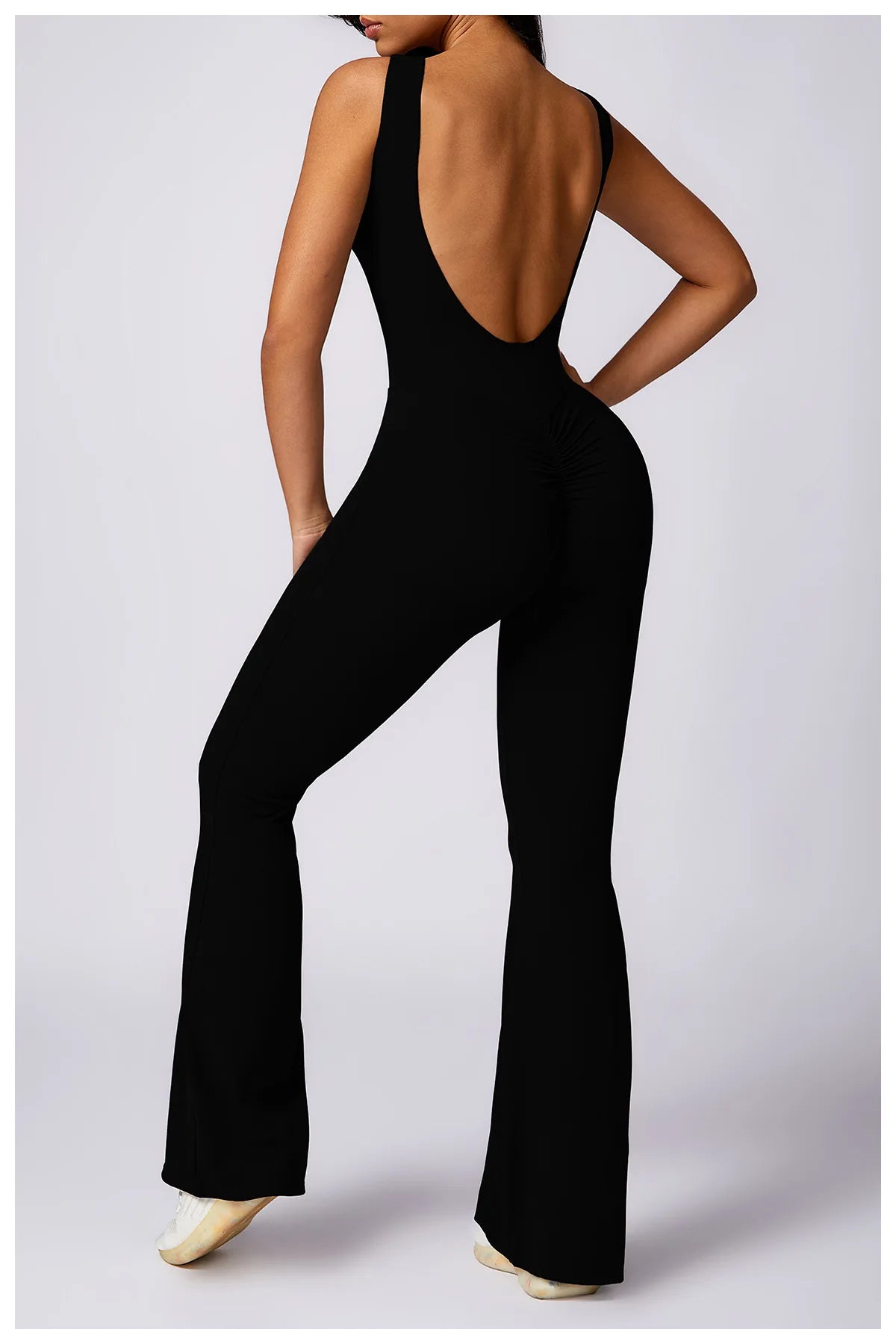 Sexy Backless Scrunch Bodycon Flared Jumpsuits Women Sportswear Gym Outfit One Piece Yoga Set Sleeveless Fitness Sport Overalls