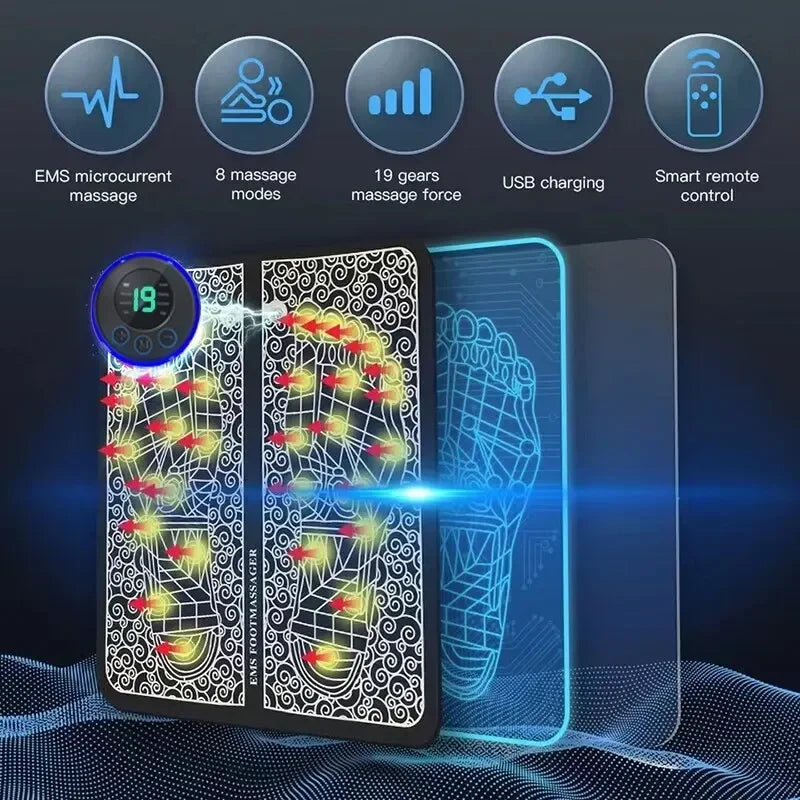 Pulse Foot Massger Sole Massage Pad Current Stimulation 8 Modes 19 Level Relaxation USB Charging Therapy Instrument Foot Spa