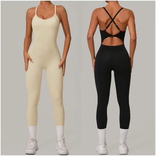 Women's Seamless Yoga Jumpsuit Heart-Shape Collar Adjustable Buckle Cross Waist High Waisted Butt Lifting Tight Workout Bodysuit