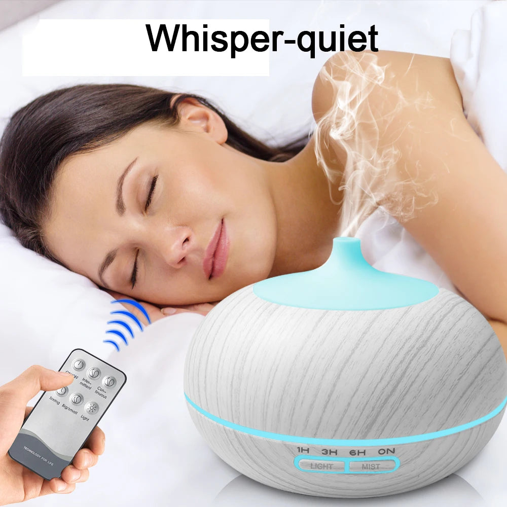New Multi Function Aromatherapy Diffuser & Humidifier   Wood Grain Design  550ml Tank  7 LED Colors  Remote Control + 6  Essenti